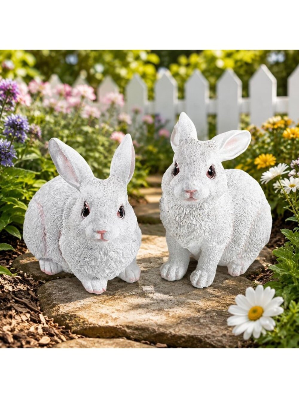 Charming White Resin Rabbit Garden Statues - Set of 2 for Outdoor Decor